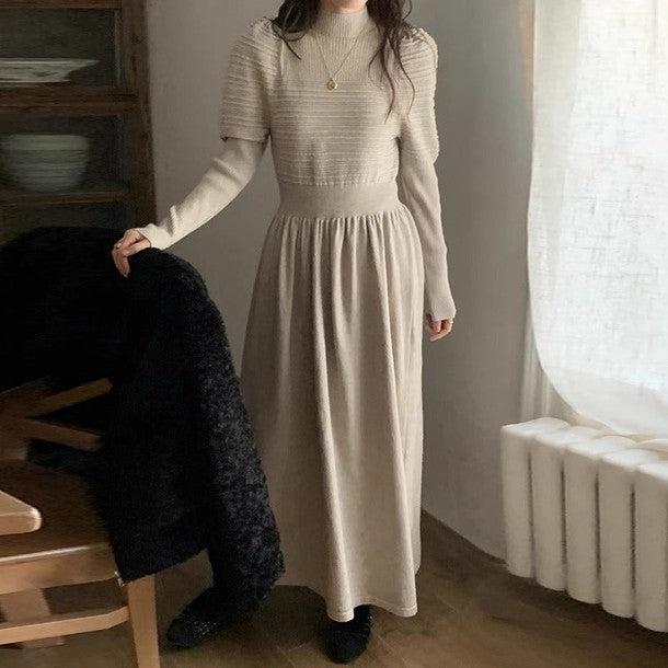 ハイネックギャザーニットロングワンピース 6368-画像1-韓国ファッション通販POPREA［ポップリア］