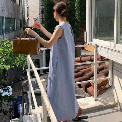 ブルーストライプロングワンピース 6732-blue_お取り寄せ6732-画像10-韓国ファッション通販POPREA［ポップリア］