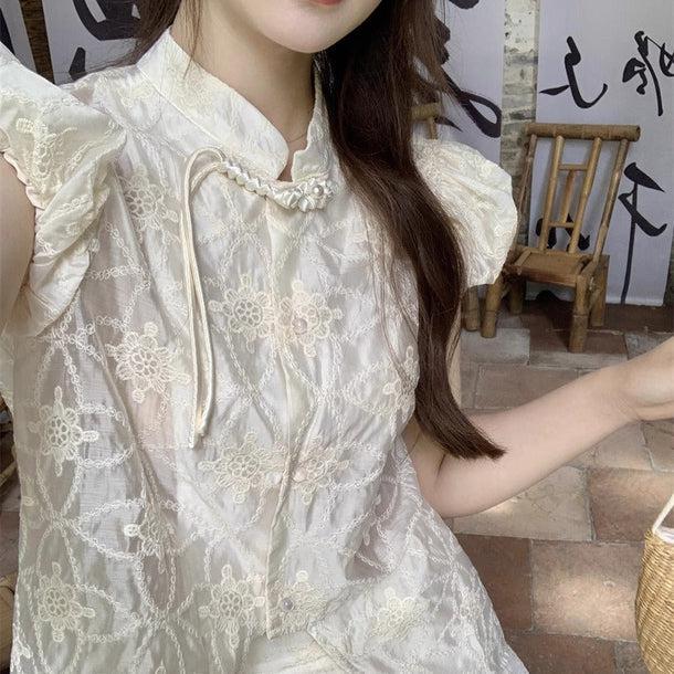 チャイナチックサマーブラウス＆パンツ﻿﻿ 6053-ivory_お取り寄せ6053-画像2-韓国ファッション通販POPREA［ポップリア］