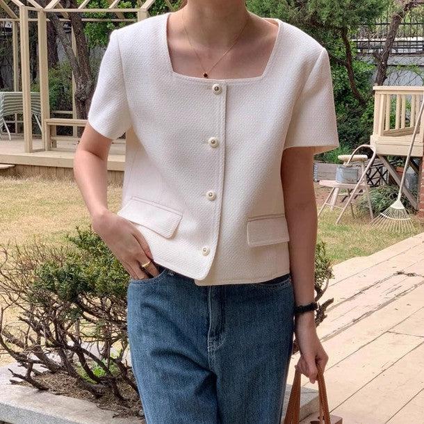 スクエアネック半袖ジャケット 6748-white_お取り寄せ67481-画像1-韓国ファッション通販POPREA［ポップリア］