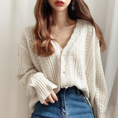 Vネックレースニットカーディガン 2466-off white_お取り寄せ24661-画像1-韓国ファッション通販POPREA［ポップリア］