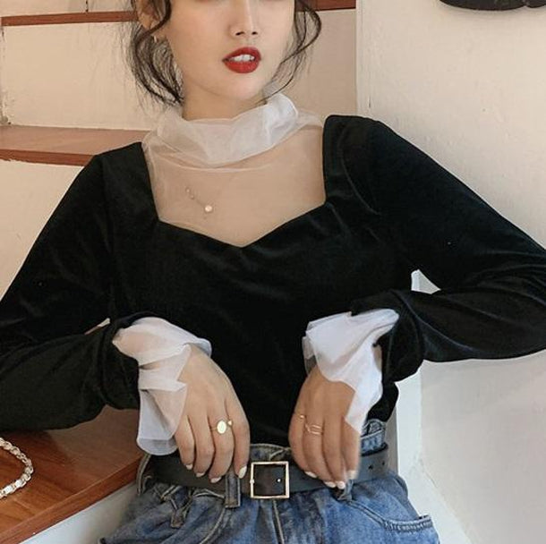 ベロアドッキングトップス 2642-white_お取り寄せ26421-画像1-韓国ファッション通販POPREA［ポップリア］