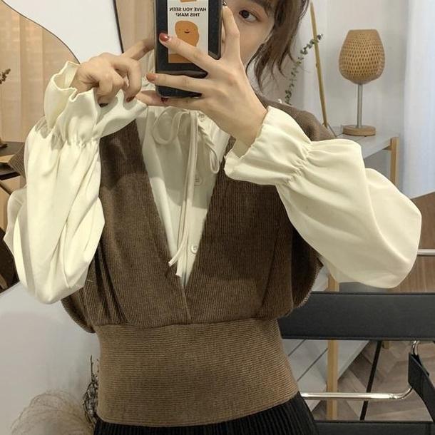 ドールカラーシャツ＆ニットビスチェ 2849-ivory shirt＆brown_お取り寄せ28491-画像1-韓国ファッション通販POPREA［ポップリア］