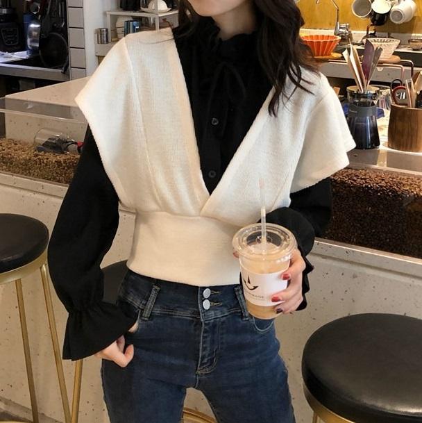 ドールカラーシャツ＆ニットビスチェ 2849-black shirt＆white_お取り寄せ28492-画像2-韓国ファッション通販POPREA［ポップリア］