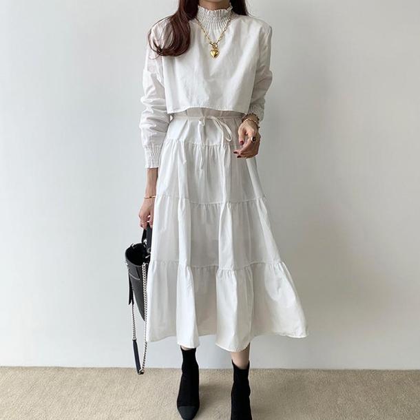 スタンドカラーティアードワンピ 2862-white_お取り寄せ28621-画像1-韓国ファッション通販POPREA［ポップリア］