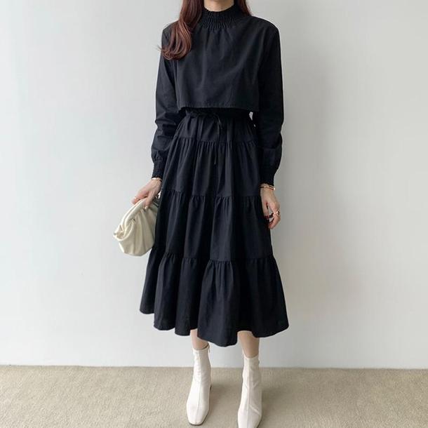 スタンドカラーティアードワンピ 2862-black_お取り寄せ28622-画像2-韓国ファッション通販POPREA［ポップリア］