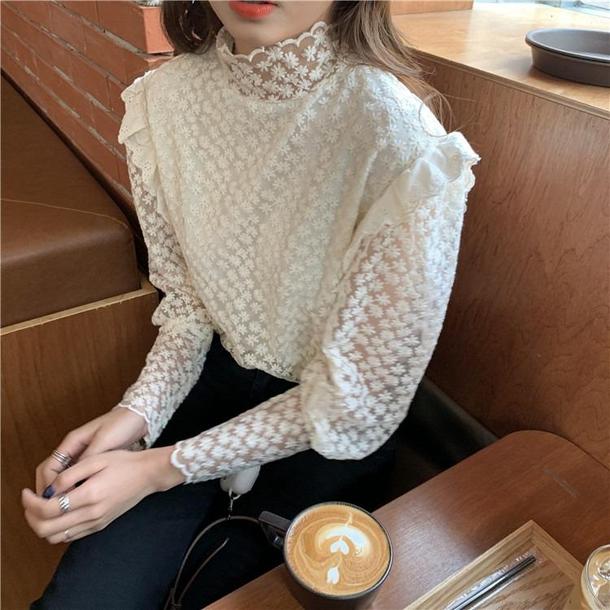 フリルフローラルレーストップス 2908-お取り寄せ2908-画像3-韓国ファッション通販POPREA［ポップリア］