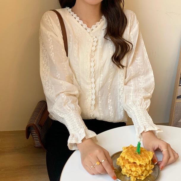 Vネックレースシャツ 3108-お取り寄せ3108-画像1-韓国ファッション通販POPREA［ポップリア］