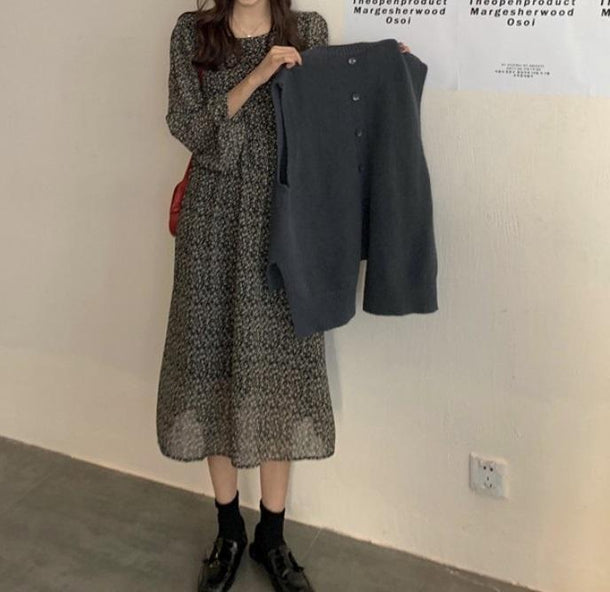 フラワーシフォンワンピ＆バックスリットニット 3170-お取り寄せ3170-画像2-韓国ファッション通販POPREA［ポップリア］