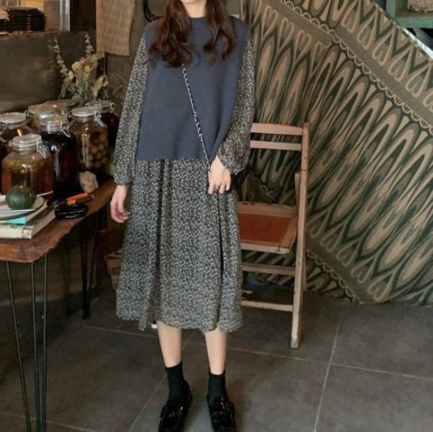 フラワーシフォンワンピ＆バックスリットニット 3170-お取り寄せ3170-画像3-韓国ファッション通販POPREA［ポップリア］