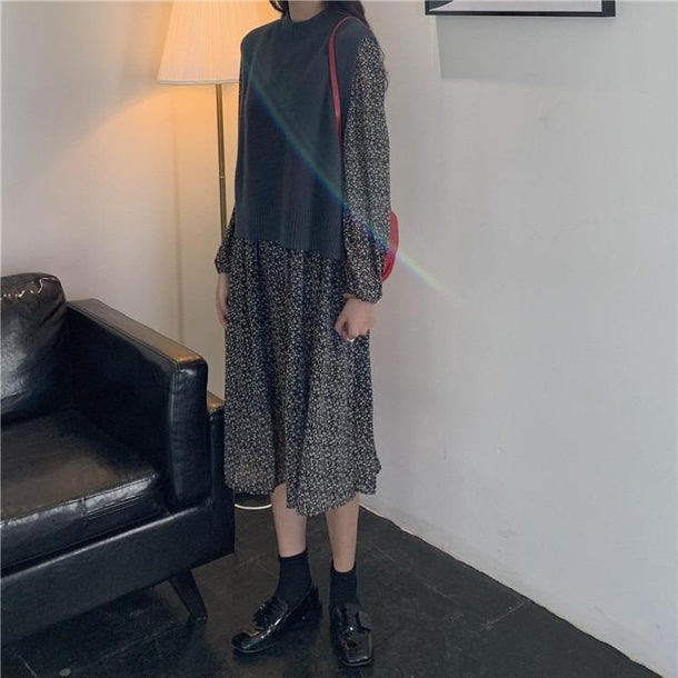 フラワーシフォンワンピ＆バックスリットニット 3170-お取り寄せ3170-画像4-韓国ファッション通販POPREA［ポップリア］