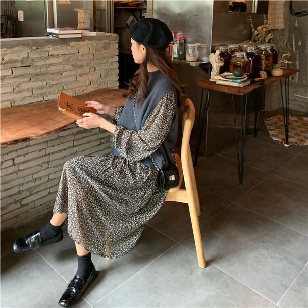 フラワーシフォンワンピ＆バックスリットニット 3170-お取り寄せ3170-画像5-韓国ファッション通販POPREA［ポップリア］