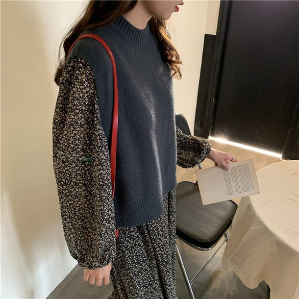 フラワーシフォンワンピ＆バックスリットニット 3170-お取り寄せ3170-画像7-韓国ファッション通販POPREA［ポップリア］