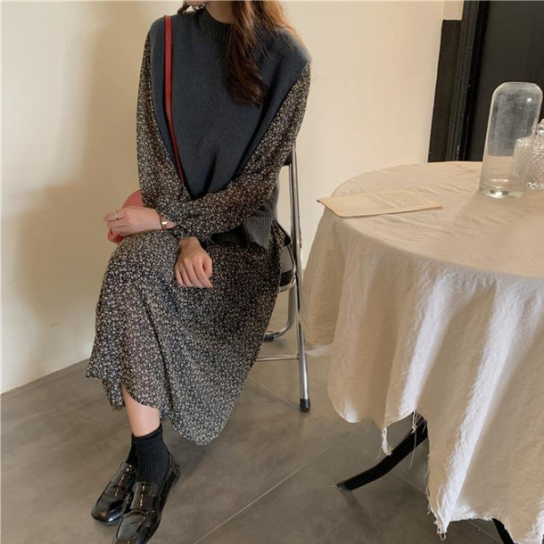 フラワーシフォンワンピ＆バックスリットニット 3170-お取り寄せ3170-画像9-韓国ファッション通販POPREA［ポップリア］