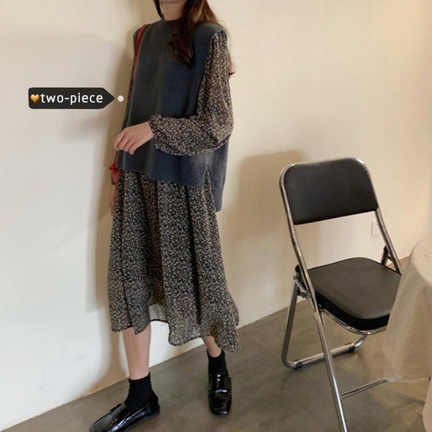 フラワーシフォンワンピ＆バックスリットニット 3170-お取り寄せ3170-画像1-韓国ファッション通販POPREA［ポップリア］