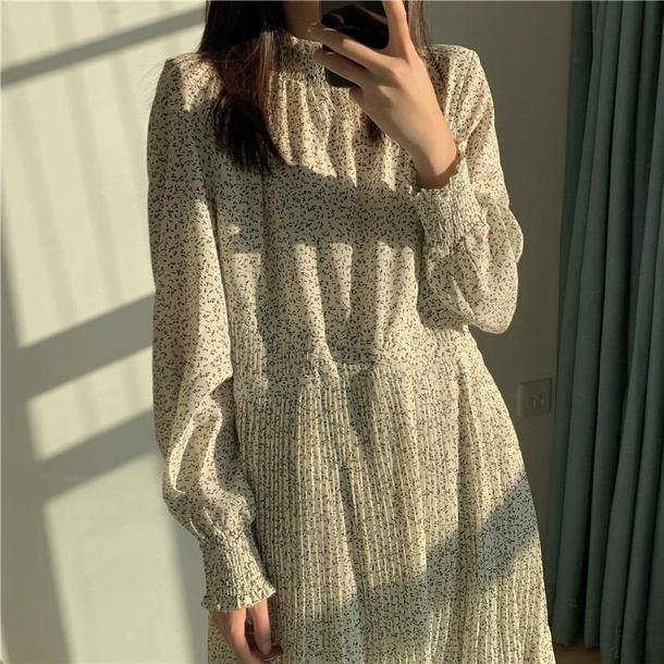 レトロシフォン細プリーツワンピース 3247-ivory_お取り寄せ32471-画像1-韓国ファッション通販POPREA［ポップリア］