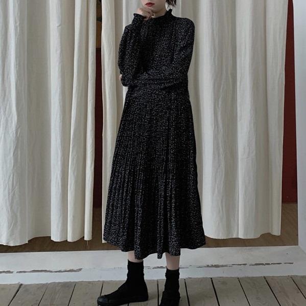 レトロシフォン細プリーツワンピース 3247-black_お取り寄せ32472-画像2-韓国ファッション通販POPREA［ポップリア］