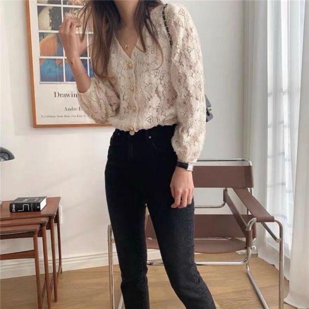 Vネックレースブラウス 3357-お取り寄せ3357-画像3-韓国ファッション通販POPREA［ポップリア］