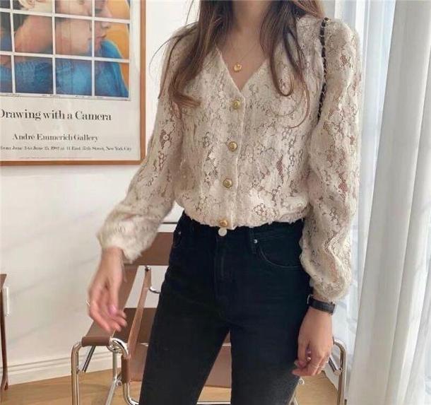 Vネックレースブラウス 3357-お取り寄せ3357-画像4-韓国ファッション通販POPREA［ポップリア］