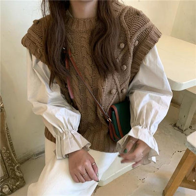 キャンディスリーブシャツ&ポンポンニット 3372-gray×brown_お取り寄せ33721-画像1-韓国ファッション通販POPREA［ポップリア］