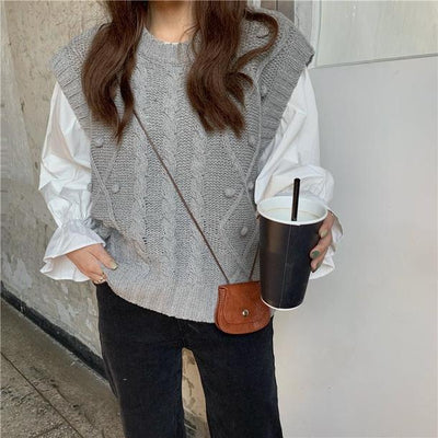 キャンディスリーブシャツ&ポンポンニット 3372-white×gray_お取り寄せ33722-画像2-韓国ファッション通販POPREA［ポップリア］