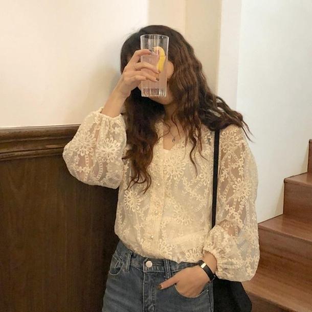 Vネックフワラーシアーシャツ 3451-beige_お取り寄せ34511-画像1-韓国ファッション通販POPREA［ポップリア］