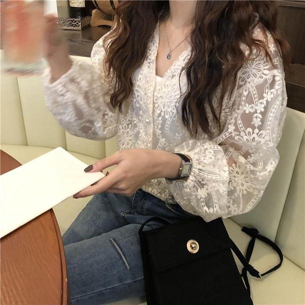 Vネックフワラーシアーシャツ 3451-white_お取り寄せ34512-画像2-韓国ファッション通販POPREA［ポップリア］