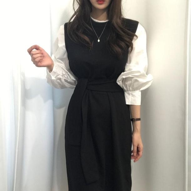 ウエストストラップレイヤード風ワンピ 3785-black_お取り寄せ37851-画像1-韓国ファッション通販POPREA［ポップリア］