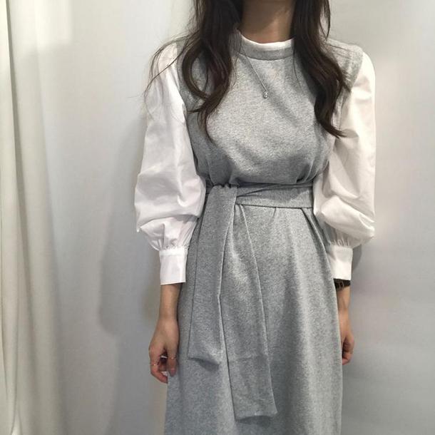 ウエストストラップレイヤード風ワンピ 3785-gray_お取り寄せ37852-画像2-韓国ファッション通販POPREA［ポップリア］