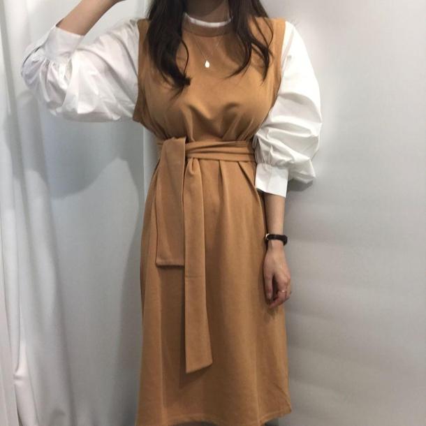 ウエストストラップレイヤード風ワンピ 3785-camel_お取り寄せ37853-画像3-韓国ファッション通販POPREA［ポップリア］