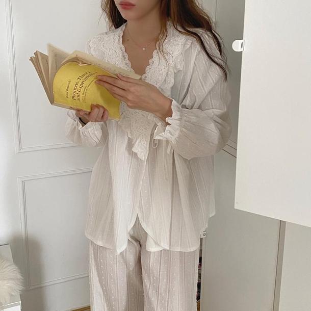 ホワイトレースVネックパジャマ 3795-お取り寄せ3795-画像10-韓国ファッション通販POPREA［ポップリア］