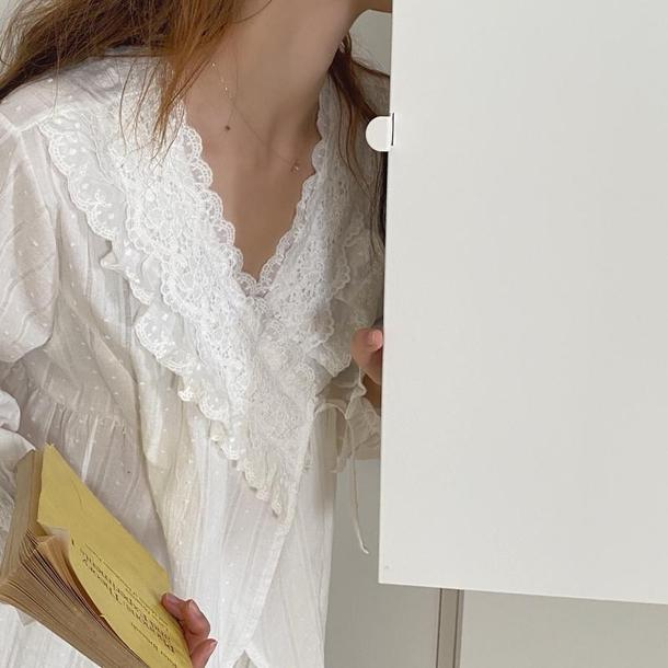 ホワイトレースVネックパジャマ 3795-お取り寄せ3795-画像13-韓国ファッション通販POPREA［ポップリア］