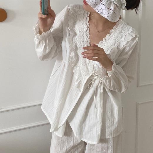 ホワイトレースVネックパジャマ 3795-お取り寄せ3795-画像3-韓国ファッション通販POPREA［ポップリア］