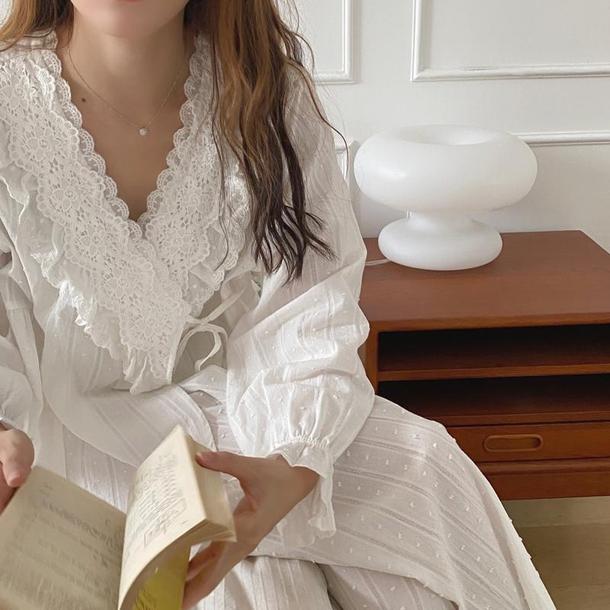 ホワイトレースVネックパジャマ 3795-お取り寄せ3795-画像4-韓国ファッション通販POPREA［ポップリア］