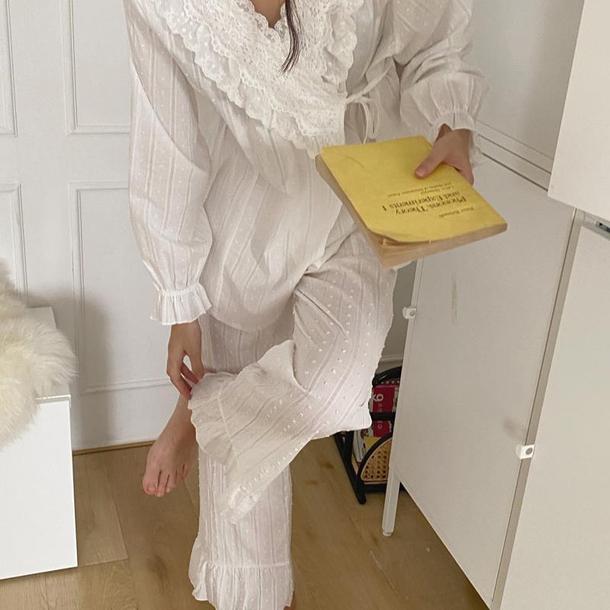 ホワイトレースVネックパジャマ 3795-お取り寄せ3795-画像5-韓国ファッション通販POPREA［ポップリア］