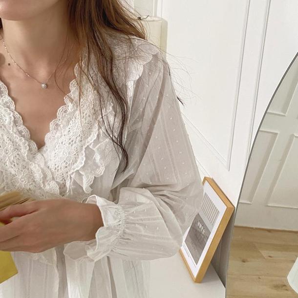 ホワイトレースVネックパジャマ 3795-お取り寄せ3795-画像8-韓国ファッション通販POPREA［ポップリア］