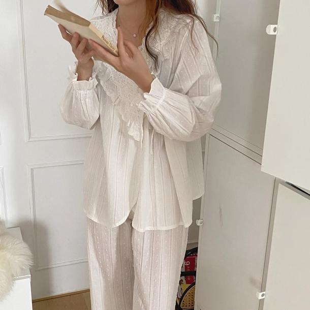 ホワイトレースVネックパジャマ 3795-お取り寄せ3795-画像9-韓国ファッション通販POPREA［ポップリア］