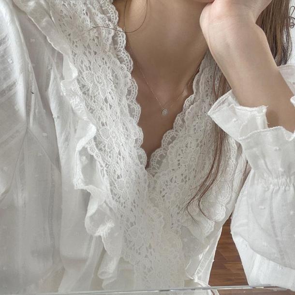 ホワイトレースVネックパジャマ 3795-お取り寄せ3795-画像1-韓国ファッション通販POPREA［ポップリア］