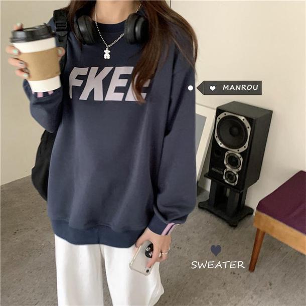 プリントラウンドネックトレーナー 3807-navy_お取り寄せ38071-画像1-韓国ファッション通販POPREA［ポップリア］