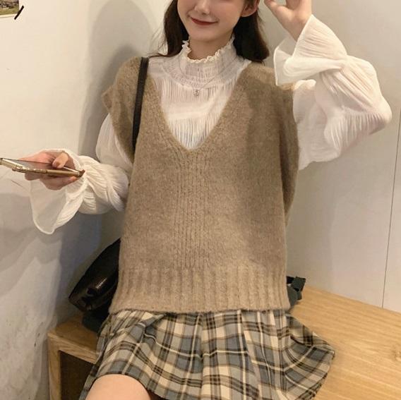 Vニット＆クリンクルブラウス 3850-お取り寄せ3850-画像2-韓国ファッション通販POPREA［ポップリア］