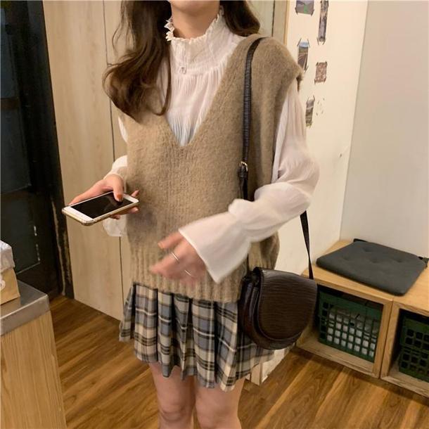 Vニット＆クリンクルブラウス 3850-お取り寄せ3850-画像3-韓国ファッション通販POPREA［ポップリア］