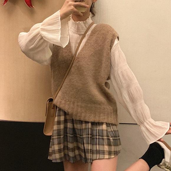 Vニット＆クリンクルブラウス 3850-お取り寄せ3850-画像4-韓国ファッション通販POPREA［ポップリア］