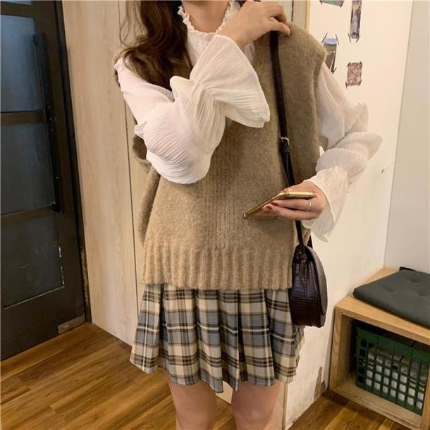 Vニット＆クリンクルブラウス 3850-お取り寄せ3850-画像8-韓国ファッション通販POPREA［ポップリア］