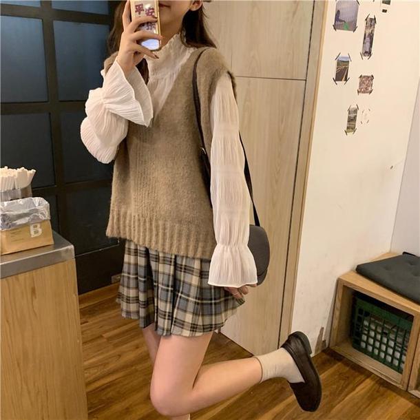 Vニット＆クリンクルブラウス 3850-お取り寄せ3850-画像9-韓国ファッション通販POPREA［ポップリア］