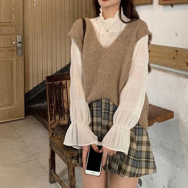 Vニット＆クリンクルブラウス 3850-お取り寄せ3850-画像1-韓国ファッション通販POPREA［ポップリア］