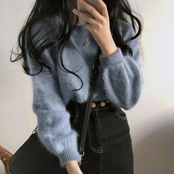 ガーリーモヘア風ニット 3851-blue_お取り寄せ38511-画像1-韓国ファッション通販POPREA［ポップリア］