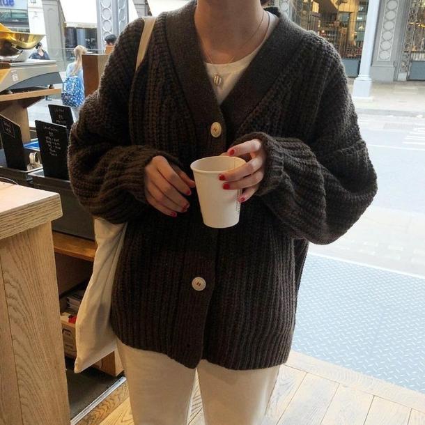 ルーズパフスリーブカーディガン 3946-brown_お取り寄せ39462-画像2-韓国ファッション通販POPREA［ポップリア］