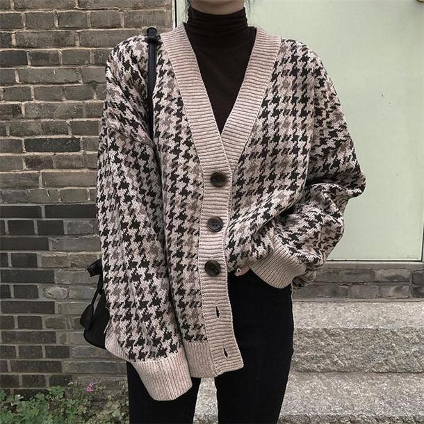 千鳥格子オーバーカーディガン 3953-お取り寄せ3953-画像1-韓国ファッション通販POPREA［ポップリア］