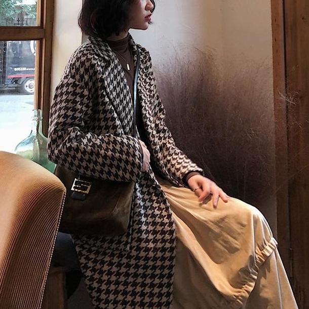 千鳥格子ロングコート 3977-お取り寄せ3977-画像1-韓国ファッション通販POPREA［ポップリア］