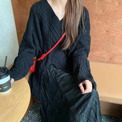 プルオーバーニット＆クリンクルロングスカート 3980-black_お取り寄せ39802-画像2-韓国ファッション通販POPREA［ポップリア］